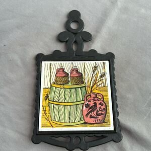 Vintage Seven Star Footed Cast Iron Trivet with Ceramic Tile Kettle Basket Jugs